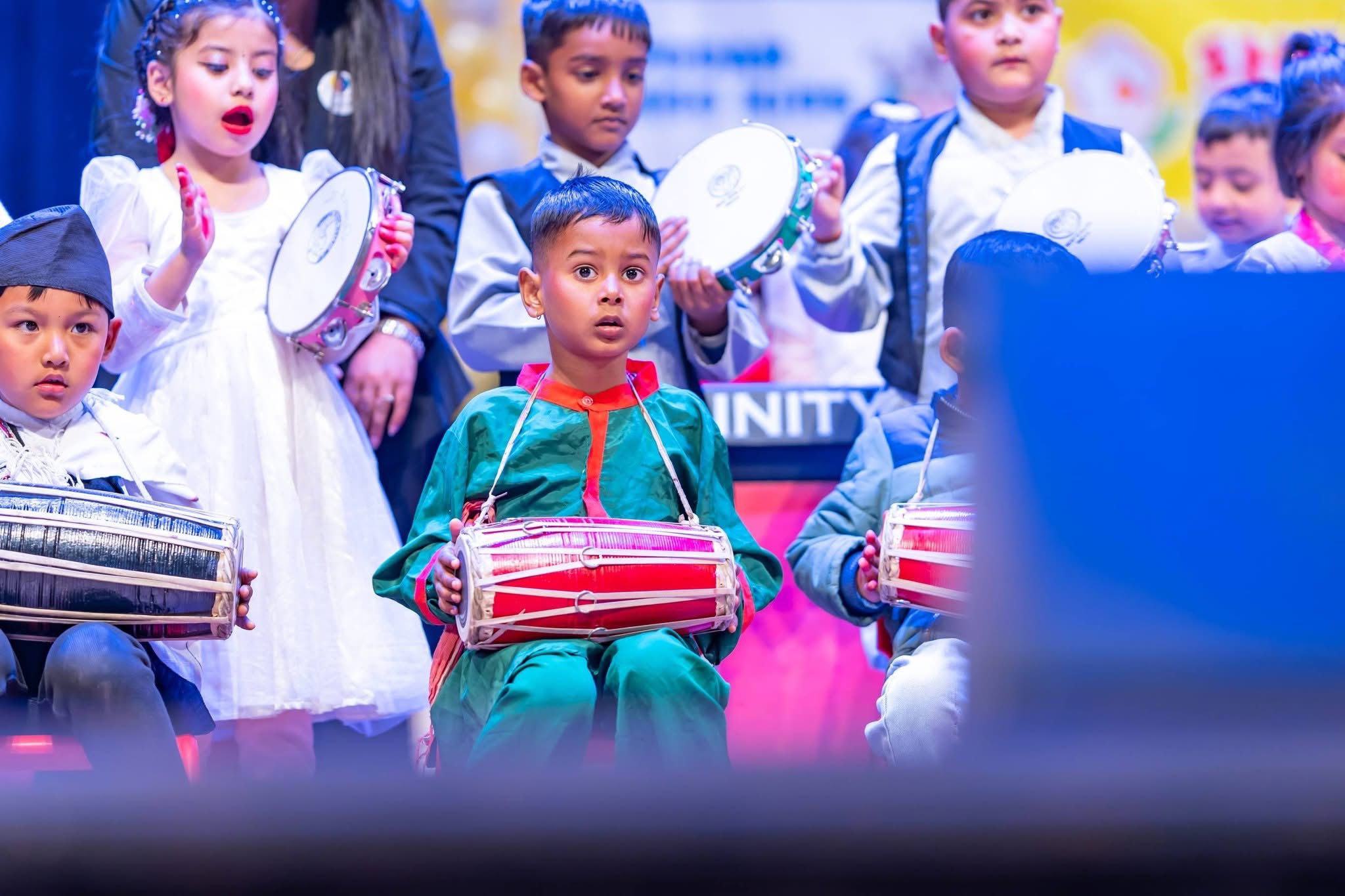 Children learning music at EuroKids Mulpani Nepal kindergarten